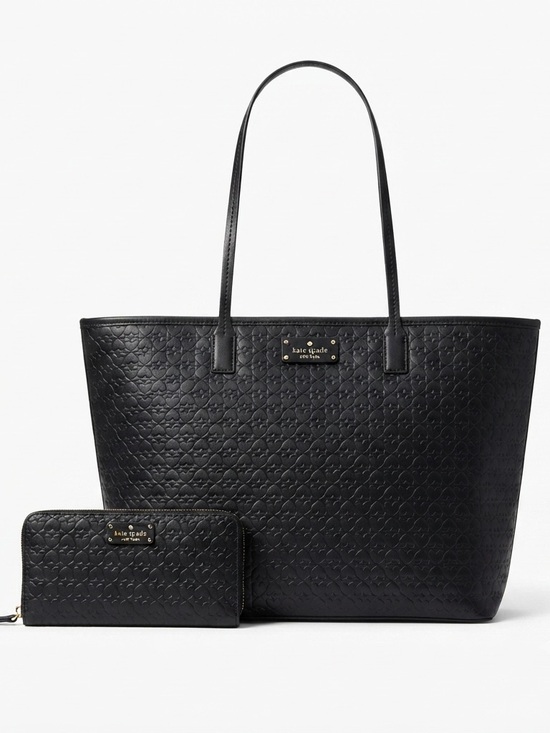 kate spade Handbags - Kate Spade Black Embossed Spade & Heart Tote & Matching Wallet Set